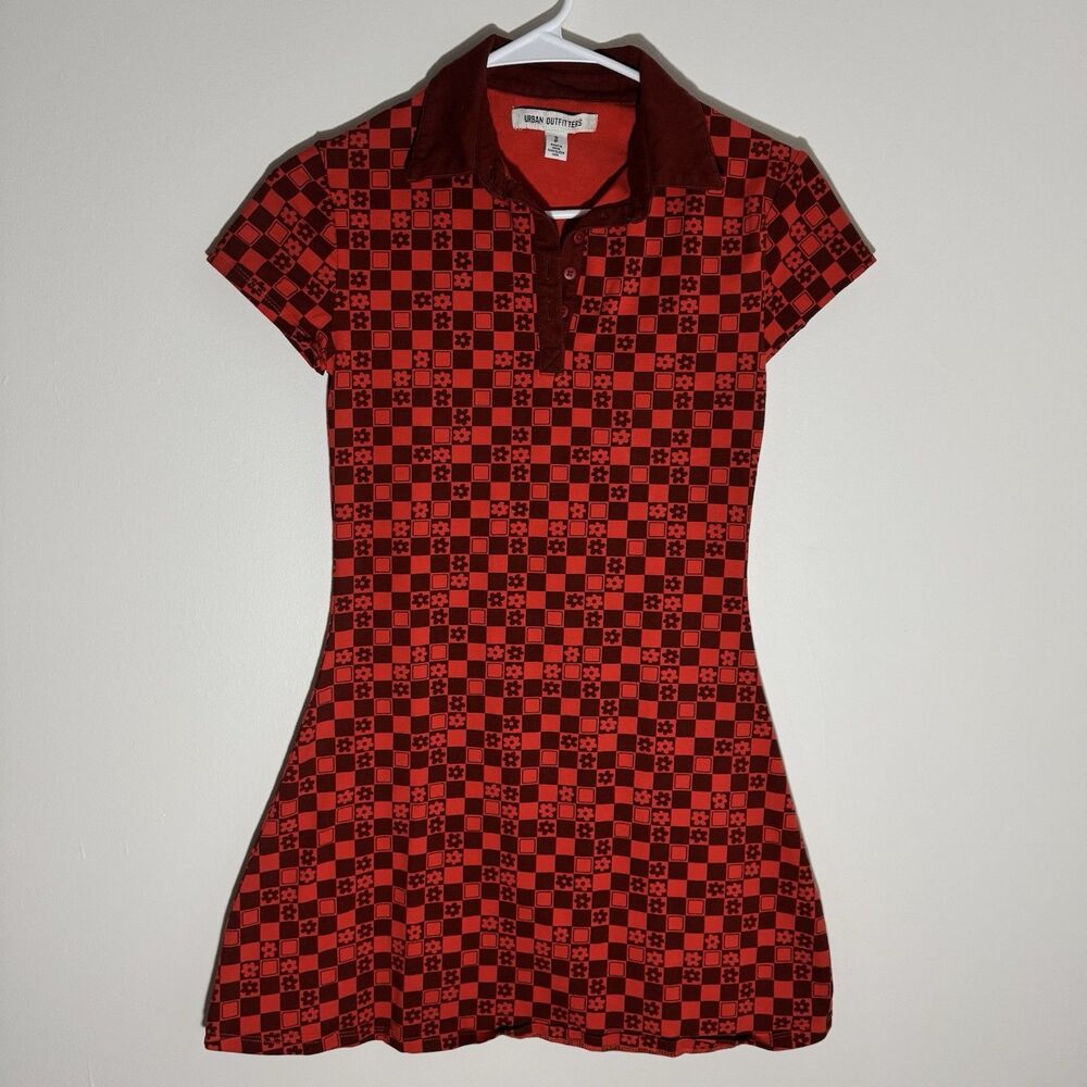 Urban Outfitters Red Orange Checker Floral Polo Mini Skater Dress Y2K Retro GoGo
